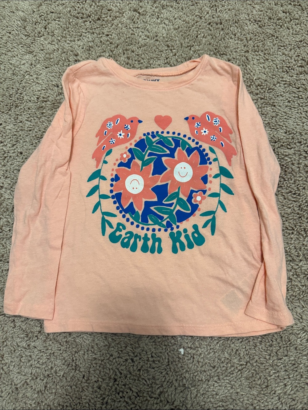 Earth Peach Long-Sleeve Tee with Floral & Bird Graphic size 4T